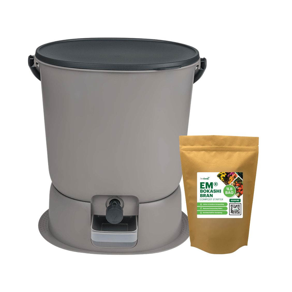 The Essential Bokashi Compost Bin Starter Kit, 4.4 gal Bokashi Compost Bin TeraGanix 1 Bucket + FREE 1 lb bag of EM® Bokashi Light Grey