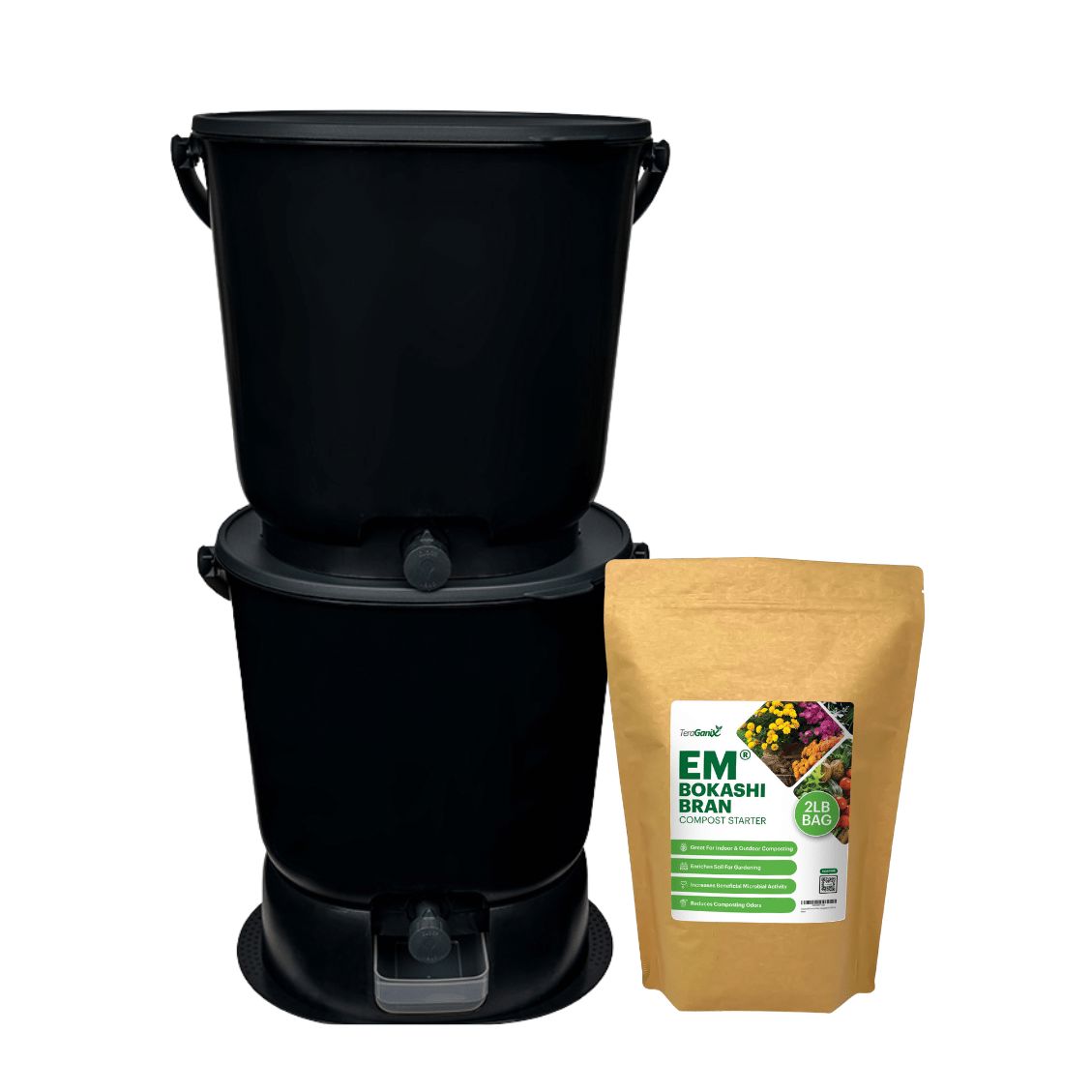 The Essential Bokashi Compost Bin Starter Kit, 4.4 gal Bokashi Compost Bin TeraGanix Set of 2 Buckets + FREE 1 lb bag of EM® Bokashi Black