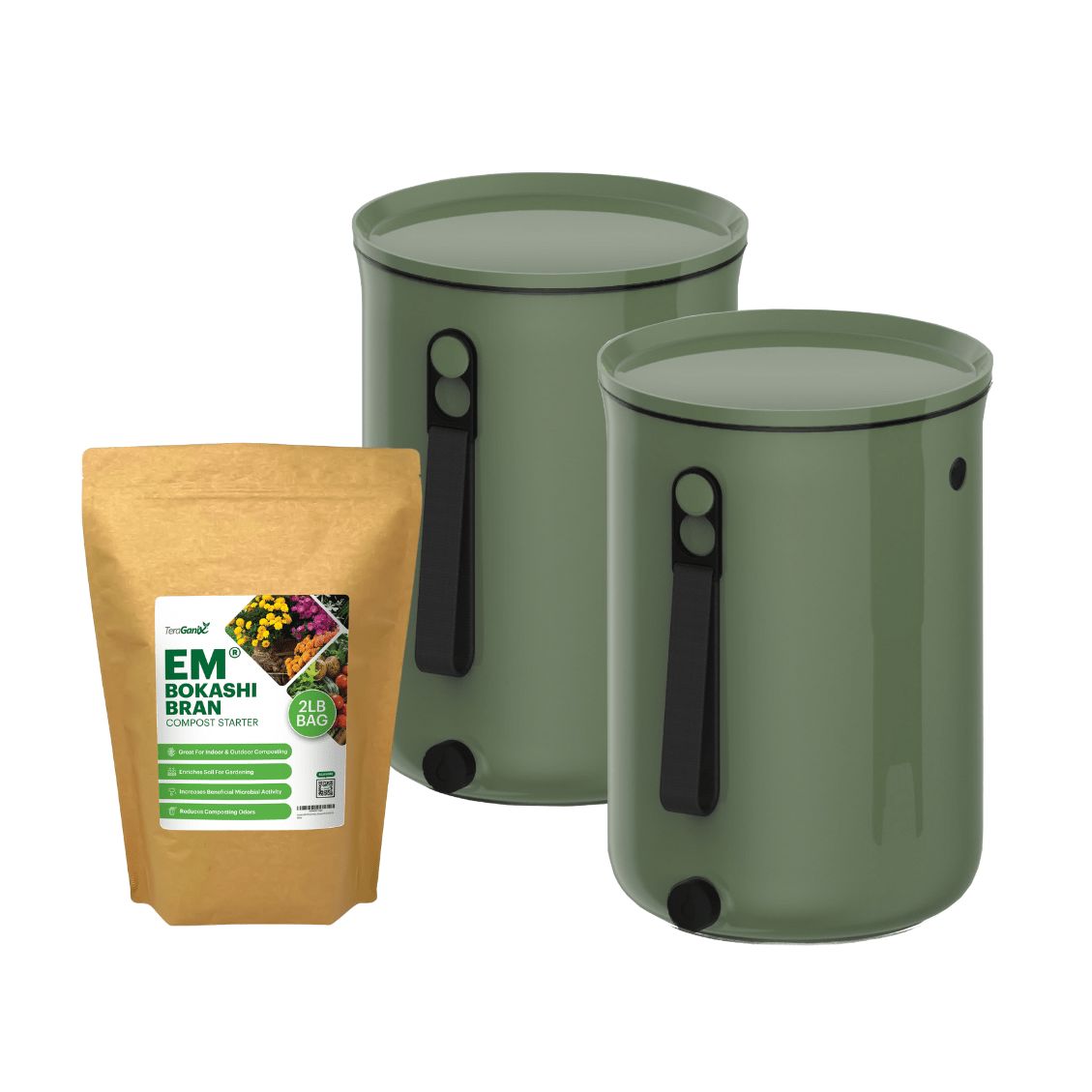 Bokashi Kitchen Compost Bin, 2.5 gal Bokashi Compost Bin TeraGanix Set of two buckets + 2 lb bag Bokashi Olive
