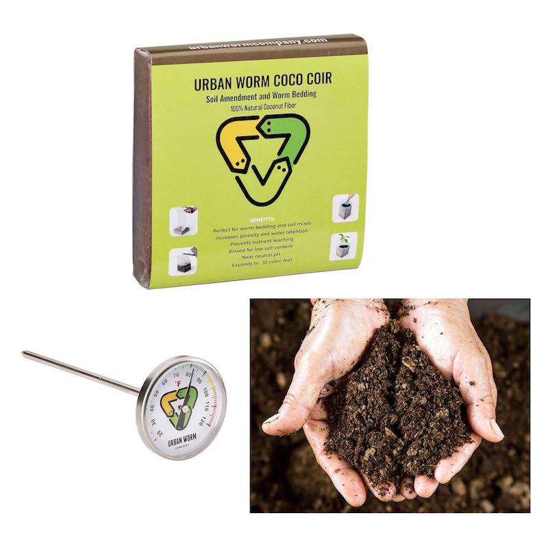 Coco Coir, Castings & Thermometer Bundle Soil Urban Worm Company