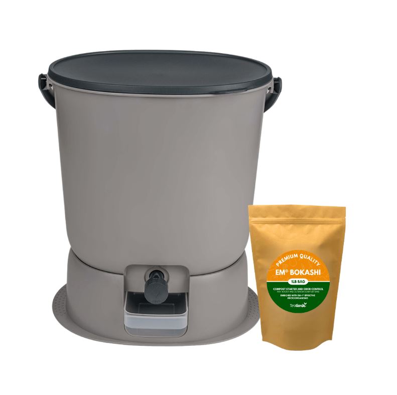 The Essential Bokashi Compost Bin Starter Kit, 4.4 gal Bokashi Compost Bin Teraganix Wholesale 1 Bucket + FREE 1 lb bag of EM® Bokashi Light Grey 