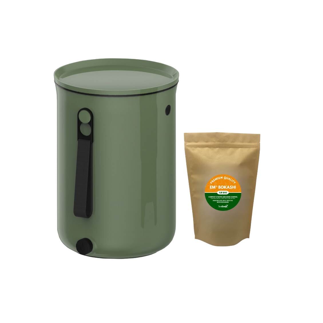 Bokashi Kitchen Compost Bin 2.5 gal. Bokashi Compost Bin Teraganix Wholesale Olive Single Bucket + 1 lb bag of Bokashi 