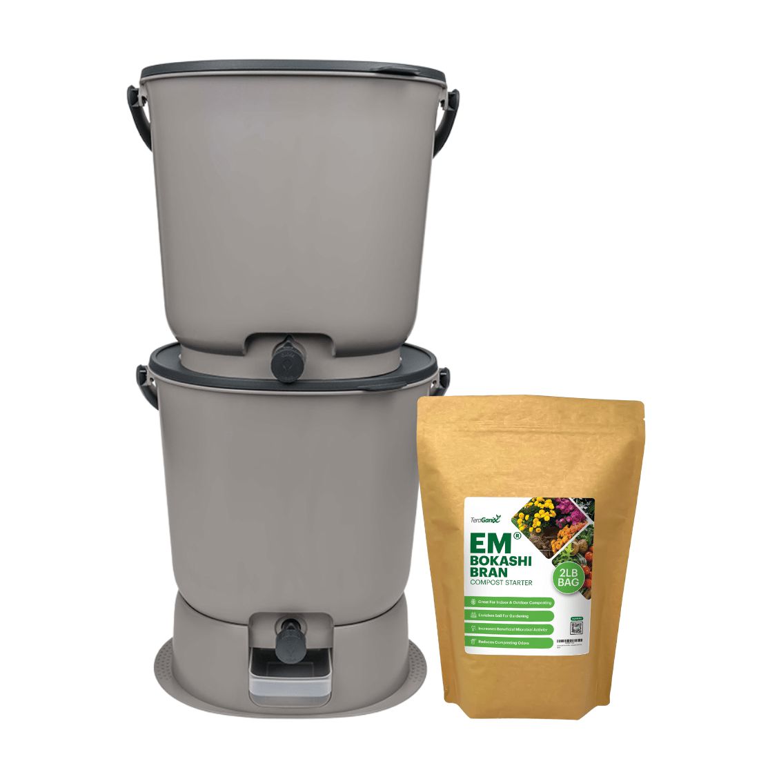 The Essential Bokashi Compost Bin Starter Kit, 4.4 gal Bokashi Compost Bin TeraGanix Set of 2 Buckets + FREE 1 lb bag of EM® Bokashi Light Grey 