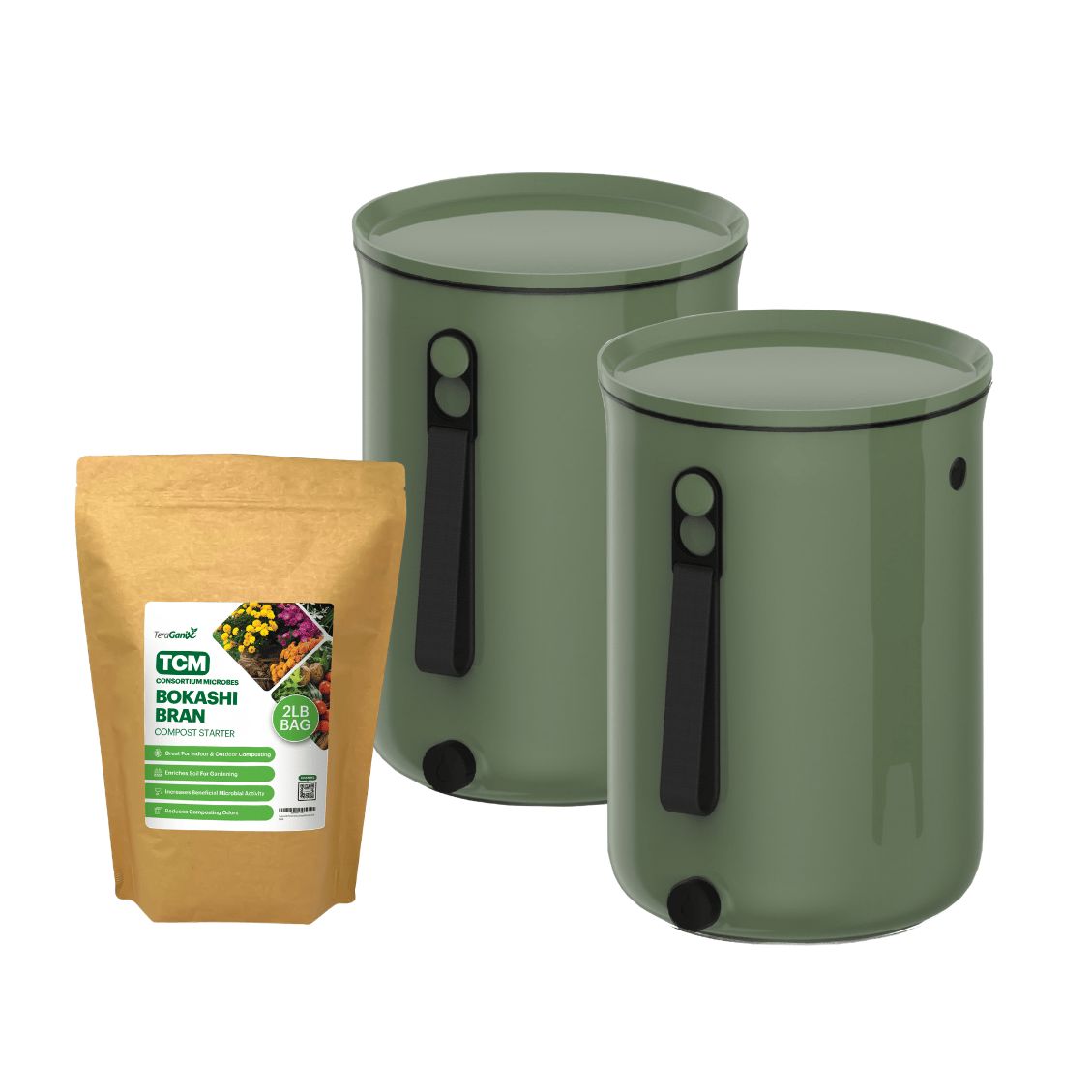 Bokashi Kitchen Compost Bin, 2.5 gal Bokashi Compost Bin TeraGanix Set of two buckets + 2 lb bag Bokashi Olive 